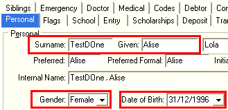 Current Student Maintenance - Personal tab (cut down)