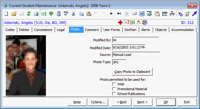 Current Student Maintenance - Photo tab
