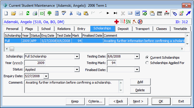 Current Student Maintenance - Scholarships tab