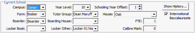 Current Student Maintenance - School tab (Current School fields and buttons)