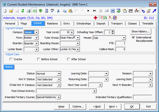 Current Student Maintenance - School tab