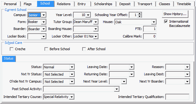 Current Student Maintenance - School tab (cut down)