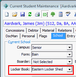 Current Student Maintenance - School tab (locker book highlighted)