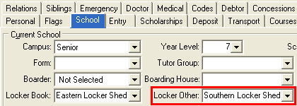 Current Student Maintenance - School tab (Locker other)