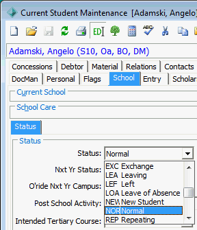 Current Student Maintenance - School tab (Status field)