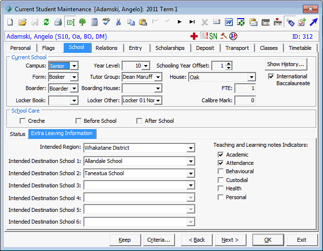 Current Student Maintenance - School tab - Extra Leaving Information sub-tab (cut down)