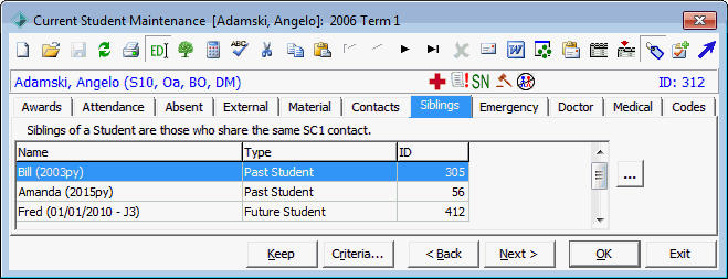 Current Student Maintenance - Siblings tab