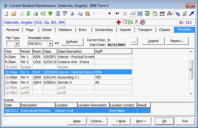 Current Student Maintenance - Timetable tab