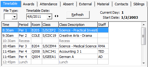 Current Student Maintenance - Timetable tab (cut down)