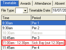 Current Student Maintenance - Timetable tab (Sick bay example)