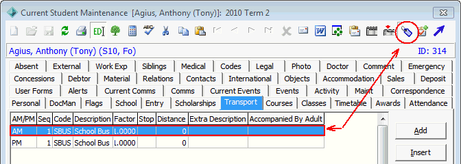 Current Student Maintenance - Transport tab (cut down)