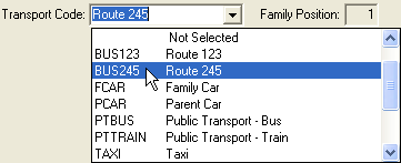 Current Student Maintenance - Transport tab (Transport Code field)