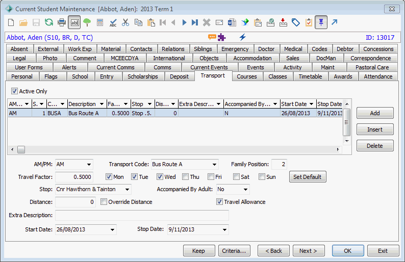 Current Student Maintenance - Transport tab