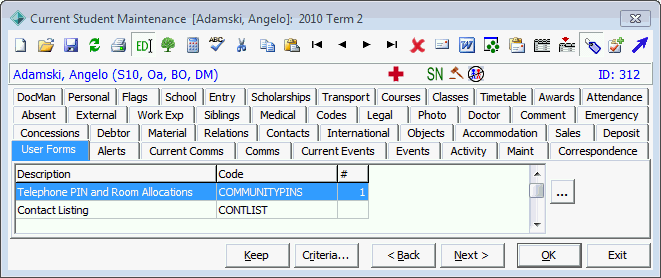 Current Student Maintenance - User Forms tab