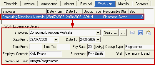 Current Student Maintenance - Work Exp tab (cut down)
