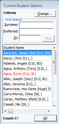 Current Student Selector window