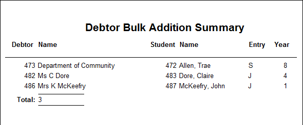 Debtor Bulk Addition Summary report