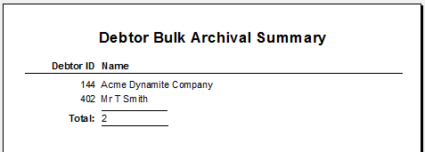 Debtor Bulk Archival Summary report