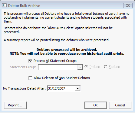 Debtor Bulk Archive window