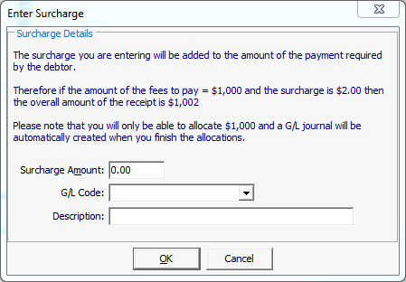 Debtor Cash Receipts Entry - Enter Surcharge window