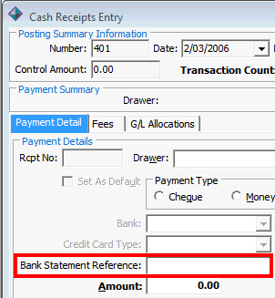 Debtor Cash Receipts Entry - Payment Detail tab (cut down, Bank Statement Reference highlighed)