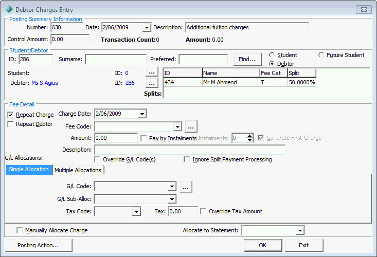 Debtor Charges Entry window