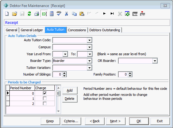 Debtor Fee Maintenance - Auto Tuition tab