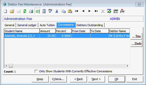 Debtor Fee Maintenance - Concessions tab