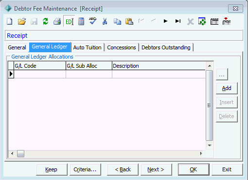 Debtor Fee Maintenance - General Ledger tab
