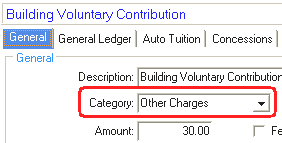 Debtor Fee Maintenance - General tab (Category field)