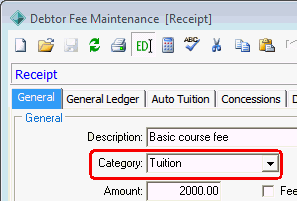 Debtor Fee Maintenance - General tab (Category field)