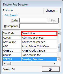 Debtor Fee Selector (Descripion highlighted)