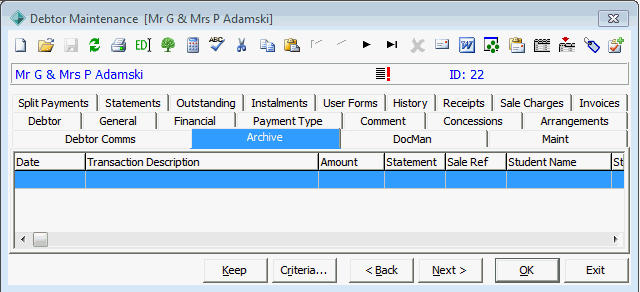 Debtor Maintenance - Archive tab