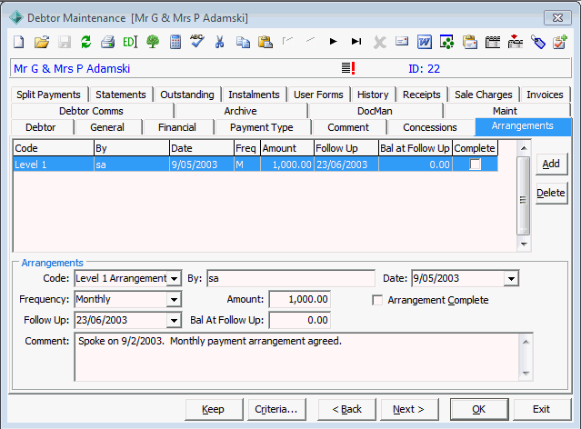 Debtor Maintenance - Arrangements tab