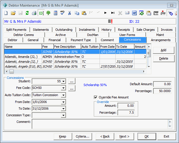 Debtor Maintenance - Concessions tab