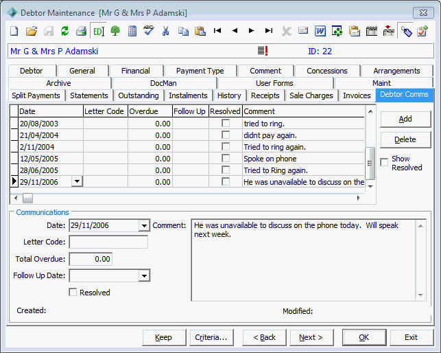 Debtor Maintenance - Debtor Comms tab