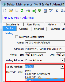 Debtor Maintenance - Debtor tab (cut down, notify method highlighted)