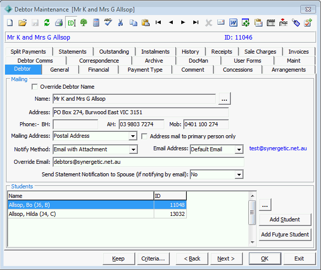 Debtor Maintenance - Debtor tab