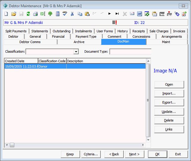 Debtor Maintenance - DocMan tab