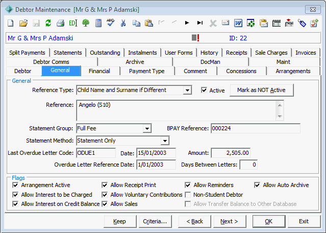 Debtor Maintenance - General tab
