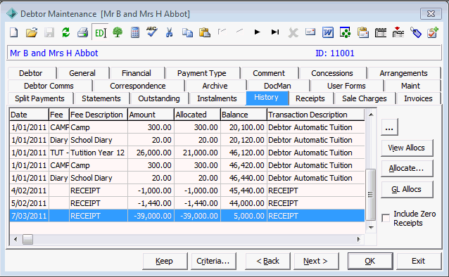 Debtor Maintenance - History tab