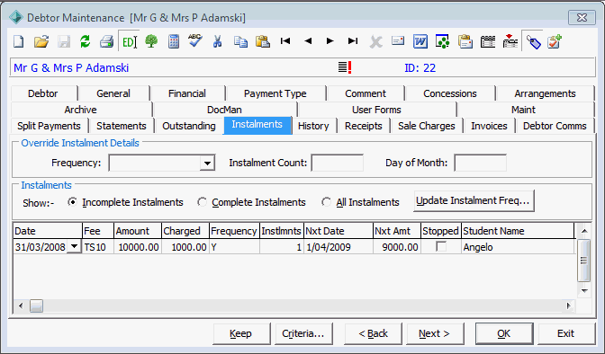 Debtor Maintenance - Instalments tab