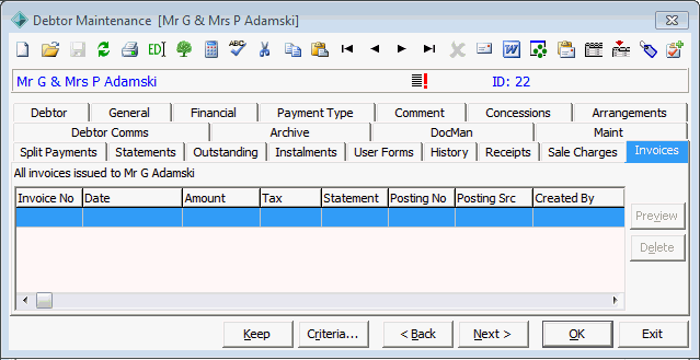 Debtor Maintenance - Invoices tab