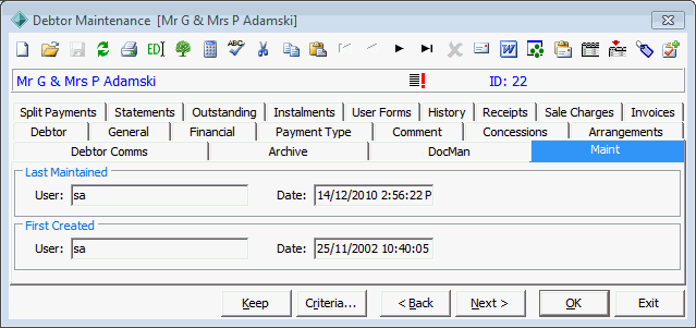 Debtor Maintenance - Maint tab