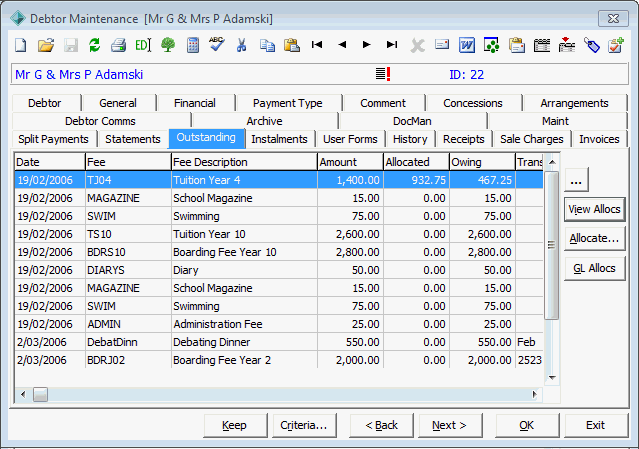 Debtor Maintenance - Outstanding tab
