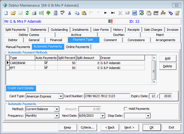 Payments tab - Automatic subtab