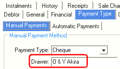 Debtor Maintenance - Payment Type tab - Manual Payments sub-tab (Drawer field)