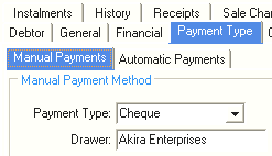Debtor Maintenance - Payment Type tab - Manual Payments sub-tab (Drawer field)