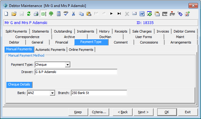 Debtor Maintenance - Payment tab (including Manual Payments sub-tab)
