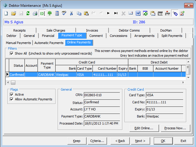 Debtor Maintenance - Payment Type tab - Online Payments sub-tab (cut down)